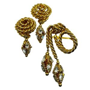 Jewels by Julio gold tone twisted rope rhinestone necklace clip on earrings set